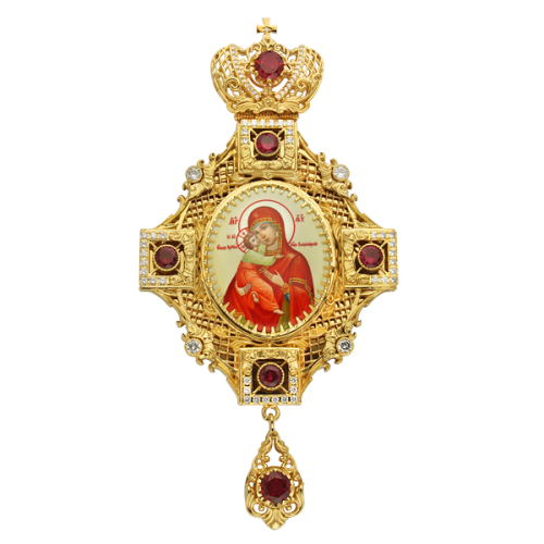 2.7.0127лп-2 Панагия латунная в позолоте со вставками. Икона Песчанской Божией Матери