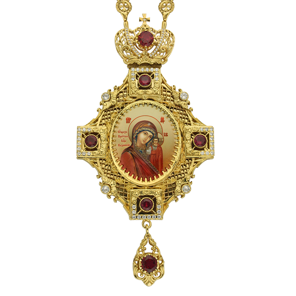 ( 2.7.0127лп-2/35лп )( Панагия с цепью )( Юв. Сплав ) (Казанская с красными камнями)