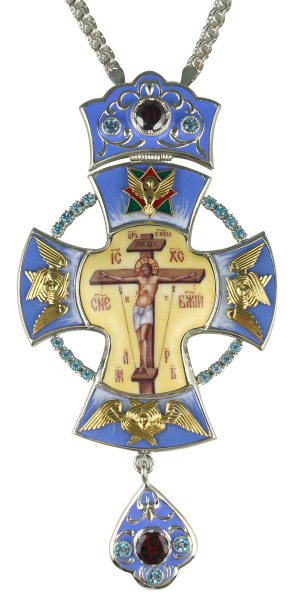 ( 2.10.0026л-2/1л )( Крест с цепью )( Юв. Сплав ) (с красными камнями с голубой эмалью)