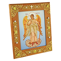 2.77.0127п Икона прикроватная серебряная с лат. принтом Ангел Хранитель на дереве, с эмалью, позол