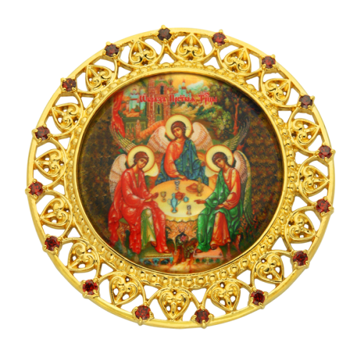 2.7.0166лп Икона на митру (Святая Троица) из латуни в позолоте со вставками