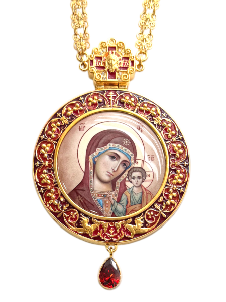М2.7.2541лпэ-2/41лп Панагия с цепью (Юв. сплав) (Казанская с красными камнями с красной эмалью)