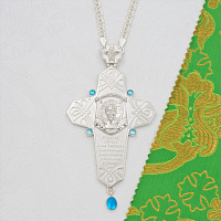 2.10.0662л/1л Крест наперсный латунный с голубыми камнями в серебрении