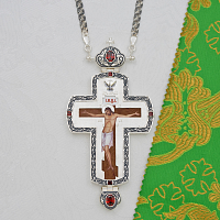 2.10.0438лр-2/1лр Наперсный латунный крест с красными камнями в серебрении