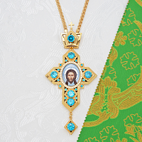 2.10.0405лп-2/1лп Крест наперсный латунный с голубыми камнями в позолоте