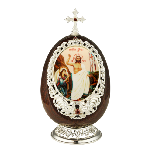 2.13.0154л Икона-яйцо  настольная латунная в серебрении Воскресение Христово