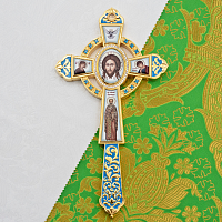 2.7.2609лпэ-2 Напрестольный латунный крест с голубыми камнями и эмалью в позолоте