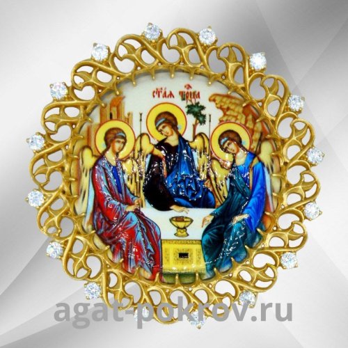 2.7.0165лп Икона на митру (образ Троицы) из латуни в позолоте со вставками