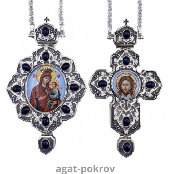 ( 2.7.1675лр-2/1л-К )( Панагия с цепью )( Юв. Сплав ) (Скоропослушница с синими камнями)