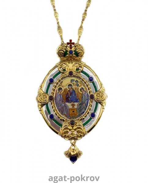 ( 2.7.2000лфэ-2/77лп )( Панагия с цепью )( Юв. Сплав ) (Святая Троица с синими камнями с зеленой эмалью)